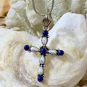 Lapis & Freshwater Pearl Sterling Silver Cross Pendant